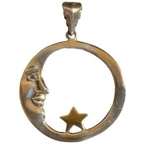Artisan Sterling Silver Crescent Moon Face w/ Gold Star Pendant Signed A